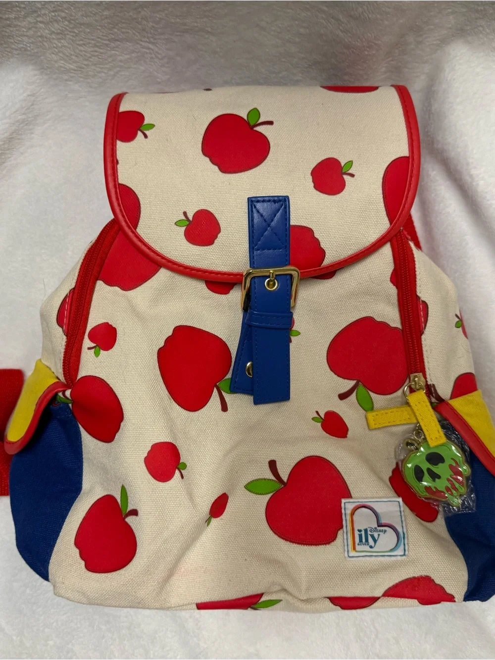 Disney Cream Canvas Kids Backpack with Red Apple Print and Blue Trim